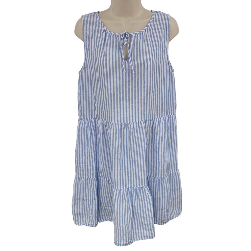 Talbots Linen Dress Women M Blue White Stripe Tiered Swing Sundress Beachy